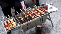 Foldable Barbecue Stand - Portable, Durable Stainless Steel Standing BBQ Grill, with Foldable Tray and Handle, Folds Small and Flat