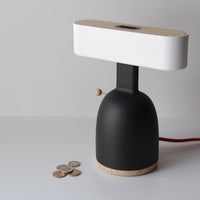 CoinLamp DINA - Interactive Modern Piggy Bank Light with Wooden Switch & Base, Minimalist LED USB-C Energy Saving Decorative Bedside Night Light