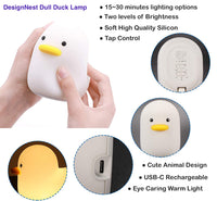 DesignNest Duck Night Light Soft Warm LED Sleep Lamp with Timer & Touch Control, BPA Free Silicone Kids & Adult Bedside Light, Portable Rechargeable Nightlight for Nursery, Bedroom & Gifts