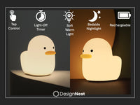 DesignNest Duck Night Light Soft Warm LED Sleep Lamp with Timer & Touch Control, BPA Free Silicone Kids & Adult Bedside Light, Portable Rechargeable Nightlight for Nursery, Bedroom & Gifts